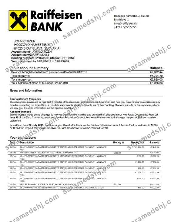 Slovakia Raiffeisen Bank statement